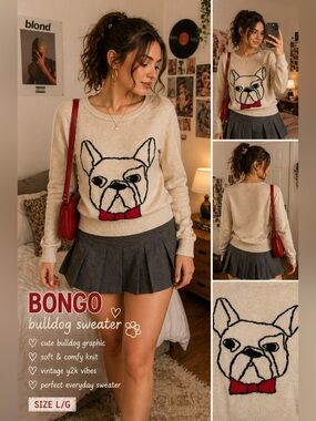 BONGO French Bulldog Grey Size L Preppy Y2K Dog Sweater